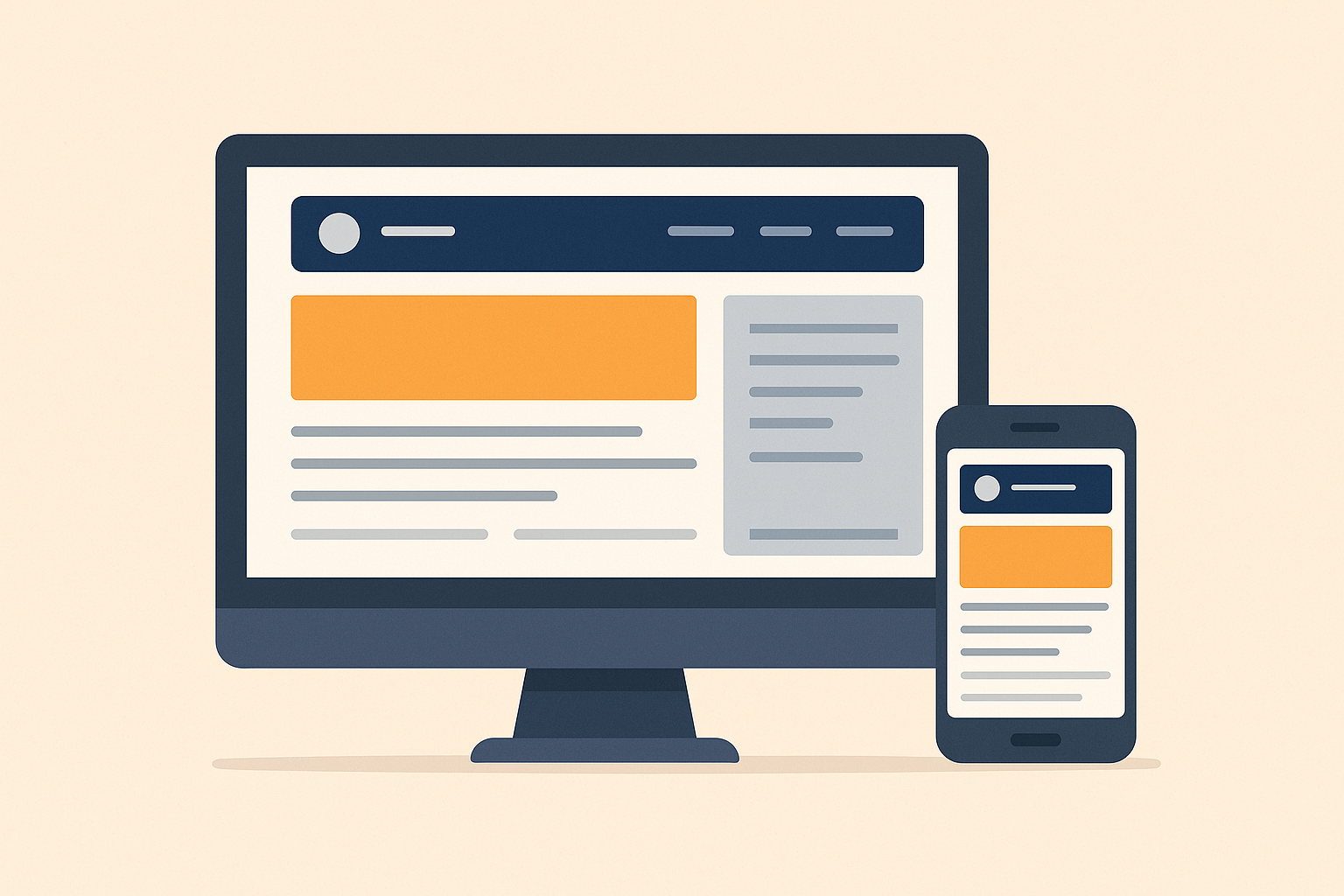 Responsive web design layout showing UI and UX components on desktop, tablet, and mobile devices