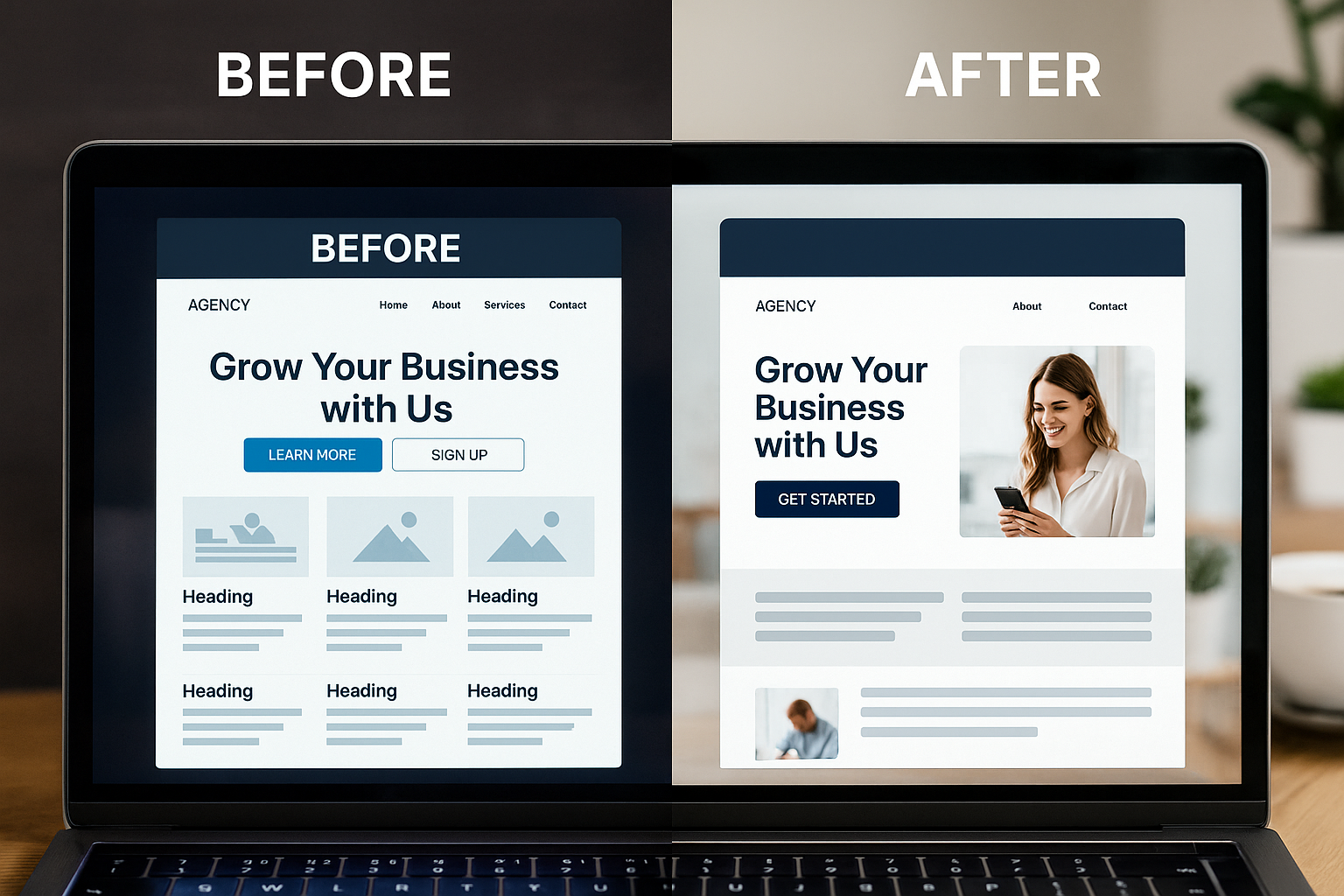 Conversion-focused web design and development example showing a cluttered landing page redesigned into a clean, high-converting layout